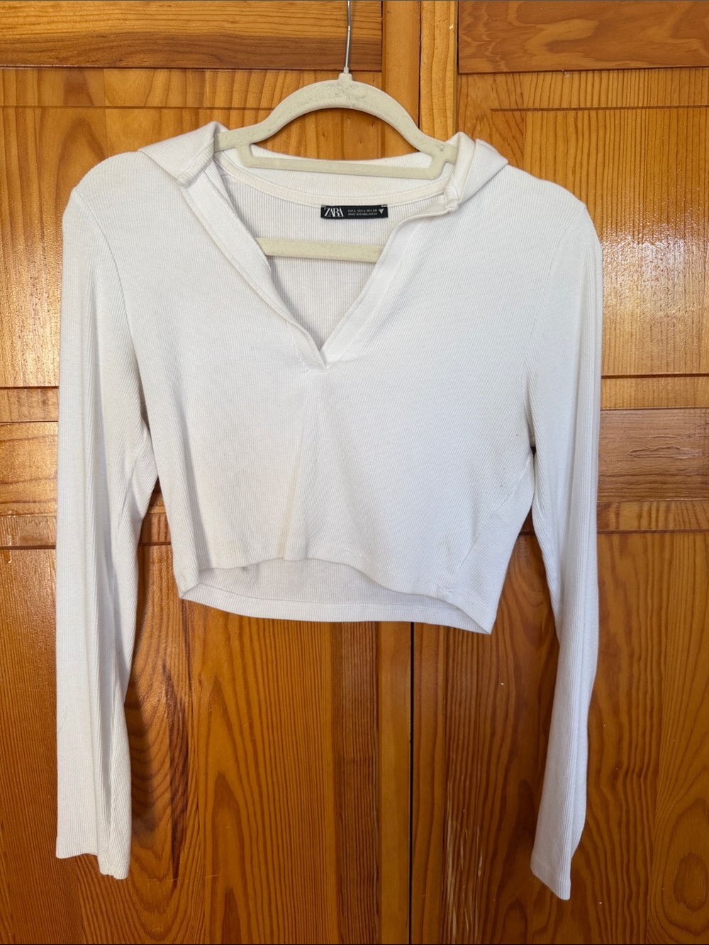 Zara White Cropped Hooded V-Neck Long-Sleeve Top